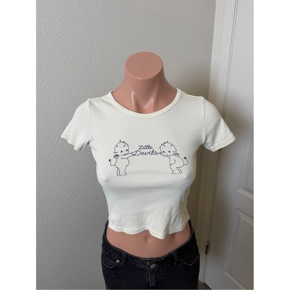 John Galt By Brandy Melville Cream 'Little Devils' Graphic Crop Tee Sz S